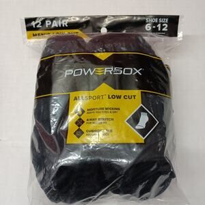 Powersox Men's Low Cut Socks 12 Pair Black Size Large 6-12 Moisture Wicking NEW